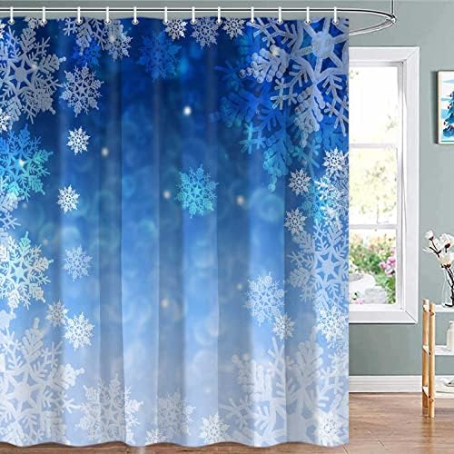 ICTEISOM Blue Christmas Shower Curtain, Winter Snowflake Shower Curtains Set with 12 Hooks, Holiday Home Decor Fabric Shower Curtains, 72x72 Inches