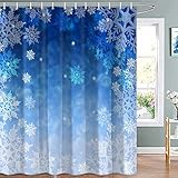 ICTEISOM Blue Christmas Shower Curtain, Winter Snowflake Shower Curtains Set with 12 Hooks, Holiday