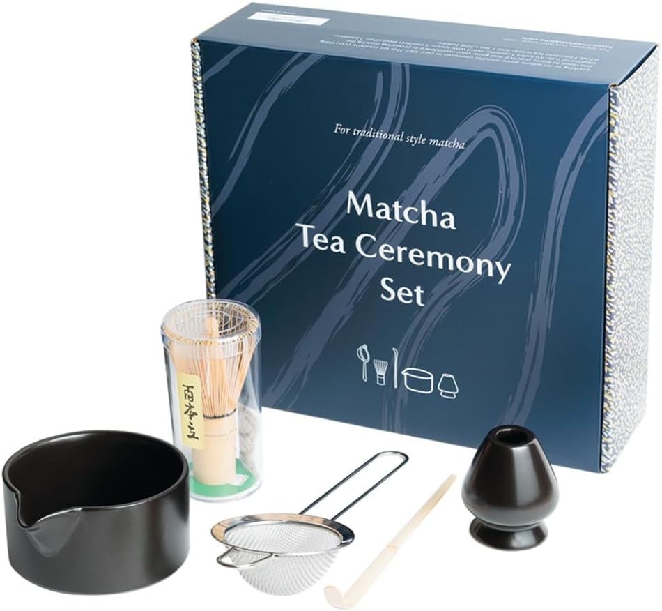 Complete Matcha Tea Ceremony Set - Includes: Bamboo Matcha Whisk & Bamboo Tea Scoop, Large Stainless Steel Sifter, Black Stoneware Bowl with Spout