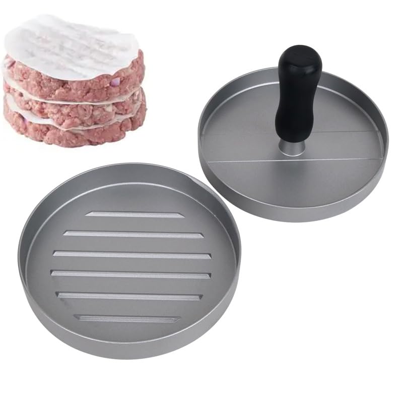 Non-Stick Aluminum Burger Press, Burger Press Machine, Hamburger Patty Maker with 100 Wax Disc Papers, Burger Maker with ABS Handle, for Making Stuffed Pocket Burgers Baking Beef Grill BBQ