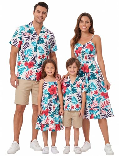 Image of AWIBMK Hawaiian Family Matching Outfits Mother Daughter Tropical Dresses Father Son Shirts for Beach Vacation Luau Party