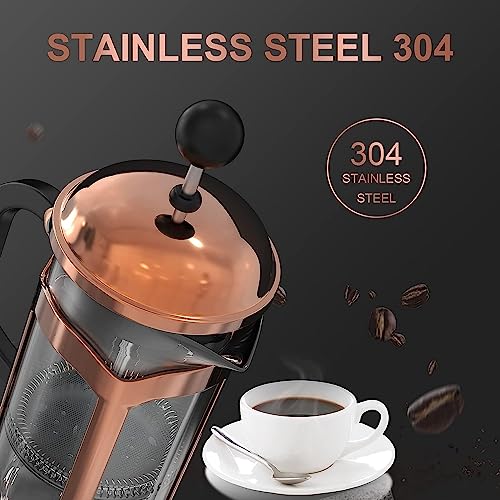 Image of HOPz French Press Coffee Maker, Glass Classic Copper Stainless Steel Coffee Press, Cold Brew Heat Resistant Thickened Borosilicate Coffee Pot for Camping Travel Gifts 600 ml (Rose Gold)