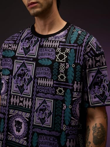 Image of The Souled Store Official Black Panther: Wakanda Tribe Men and Boys Short Sleeves Round Neck Black All Over Printed Cotton Oversized T-Shirts