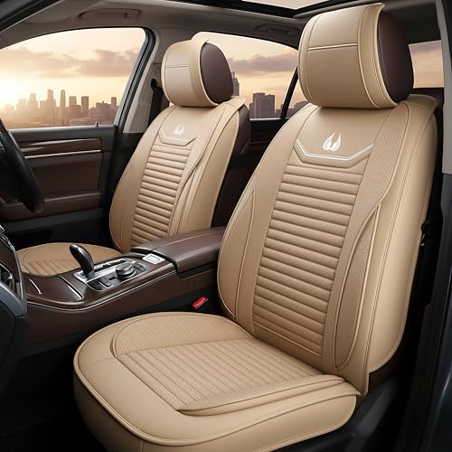Image of Car Seat Covers Full Set Premium Waterproof Faux Leather Cushion Universal Accessories Fit SUV Truck Sedan Automotive Vehicle Auto Interior Protector (OS-008 Tan)