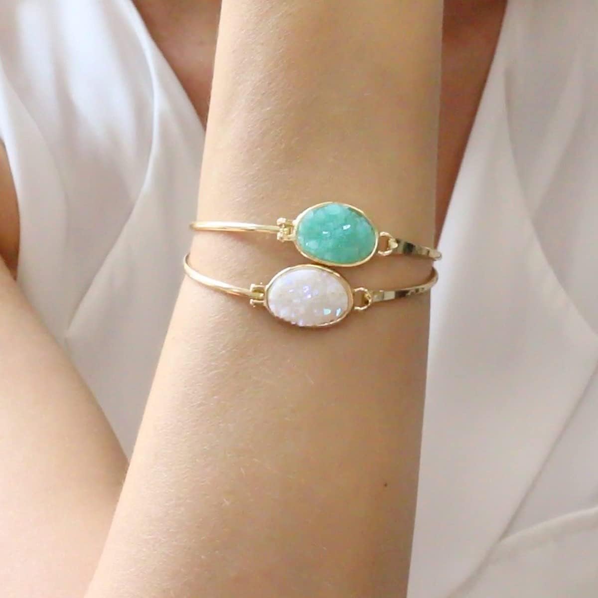 Humble Chic NY Simulated Druzy Cuff Bracelets for Women - Boho Stackable Bangle Bracelet, Plated in Gold, Silver, or Rose Gold Tone with Oval Stone - Image 8