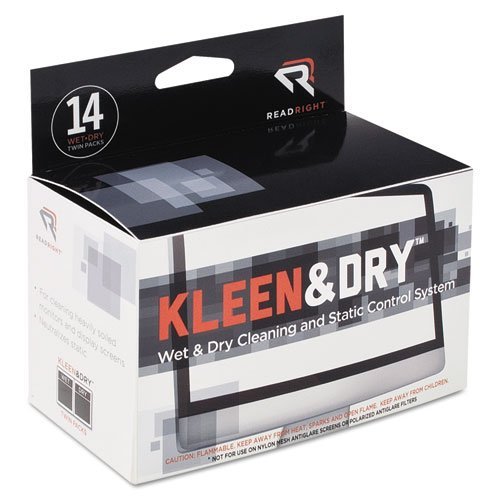 Read Right Kleen amp; Dry Screen Cleaner Wet Wipes, Cloth, 5 x 5, 14/Box RR1205