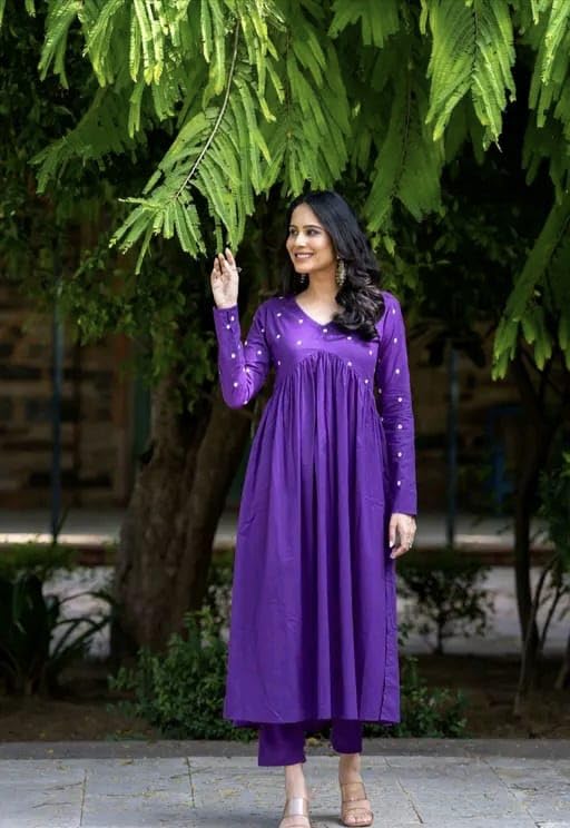 Image of Women's Long Kurta Set with Pant Polka Dots, Embroidered, V-Neck Empire Waist, Full Sleeves