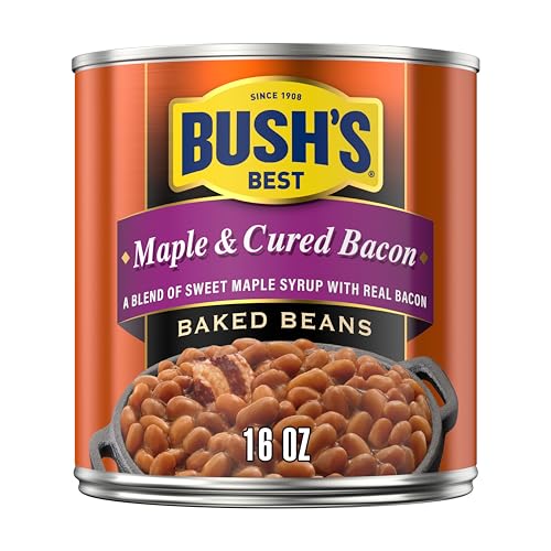 Image of Bush's Maple and Cured Bacon Baked Beans, 16 oz | Canned Beans, Beans with Sweet Maple Syrup and Real Bacon, Source of Plant Based Protein and Fiber, Gluten Fee
