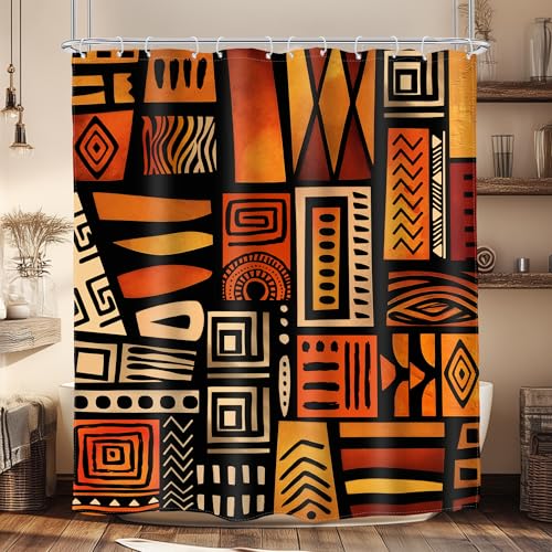 Glawry African Shower Curtain Abstract Ethnic Afro Tribal Historical African American Boho Geometric Bathroom Neutral 60Wx72L Inches Bath Accessories Art Home Decor Fabric 12 Pack Hook