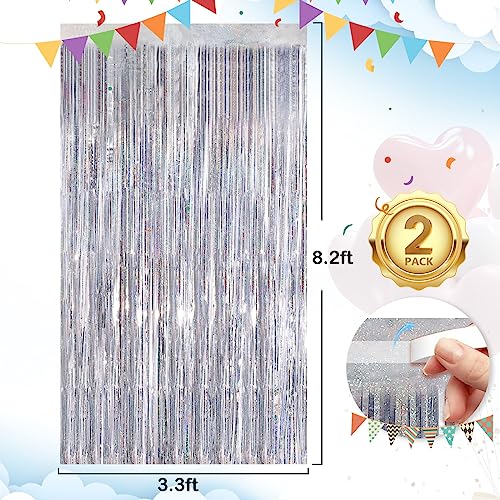 Image of Silver Party Streamers 2Pack Metallic Tinsel Foil Fringe Curtains 3.3X 8.3ft Party Decors for Photo Booth Photoshoot Bridal Shower Engagement Disco Bachelorette Party Decors Streamers for Christmas
