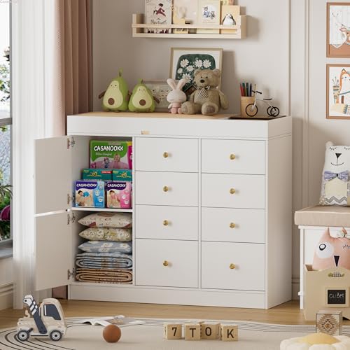 Image of CASANOOKK Changing Table Dresser with Drawers,Modern Baby Dresser with Changing Table Top for Nursery,Diaper Changing Station Organizer for Infants Newborn,White