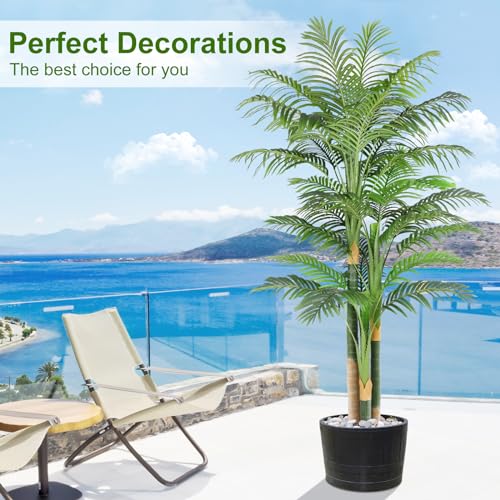 Image of 7ft Triple Golden Cane Palm Artificial Tree 210cm, Large UV-Resistant Tropical Palm Fake Plant Big Size, Perfect for Indoor or Outdoor, Ideal for House Living Room Patio or Office Decor