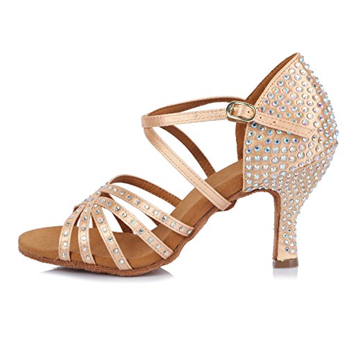HROYL Women Latin Dance Sandals Rhinestone Salsa Performence Practice Ballroom Professional Dance Shoes,CT404