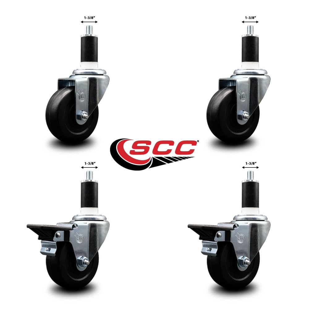 Soft Rubber Swivel Expanding Stem Caster Set of 4 with 3.5 Inch Black Wheels and 1-3/8