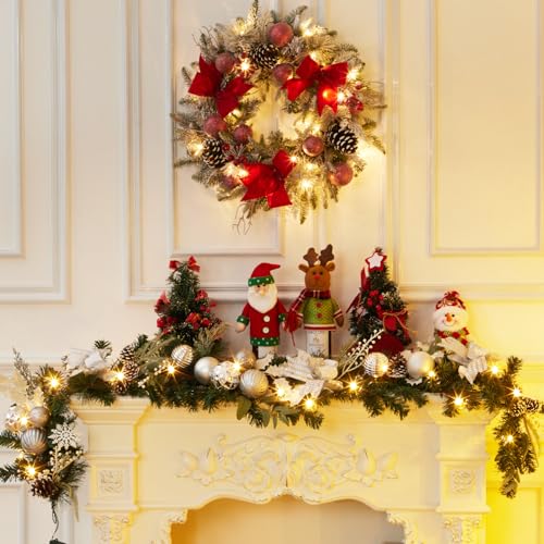 Christmas Garland with Lights, 6 Feet Pre-lit Silver Xmas Garlands with 20 Lights, Ball Ornaments, Pine Cones, Berries, Battery Operated Winter Garland for Xmas Fireplace Mantel Stairs Table Decor