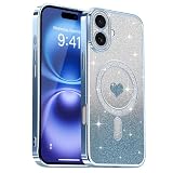 Lafunda iPhone 16 用 ケース キラキラ Magsafe対応 グラデーション ラメ 透明 スマホケース 女の子 かわいい ハート柄 メッキ加工 軽薄型 衝撃吸収 カメラ保護 ワイヤレス充電対応 アイフォン 16 用携帯 マグネットカバー ブルー