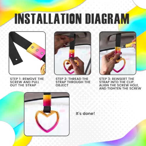 Image of 2PCS Heart Shaped Car Handle Straps, Rear Bumper Warning Keychain Ring for Car Exterior Accessories (Chrome Rainbow Heart - Black)