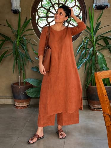 Image of ANNI Designer Co Ord Set for Women Cotton Blend Solid | Kurta Palazzo Set for Woman | Coord Set Women Stylish Outfit | Round Neck 3 /4 Sleeve Regular Fit Ethnic Dress Trendy Womens Clothing