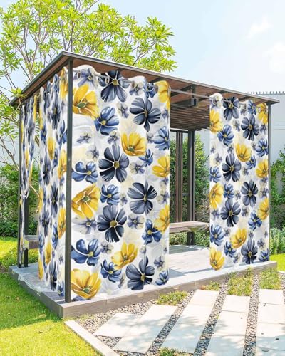 Outdoor Curtains for Patio Waterproof Purple Floral Indoor/Outdoor Curtain Tiebacks Navy Blue Black Flowers Privacy Curtain Sun Blocking Grommet Drapes for Pergolas Gazebo Porch Balcony 1 Panel 54x84