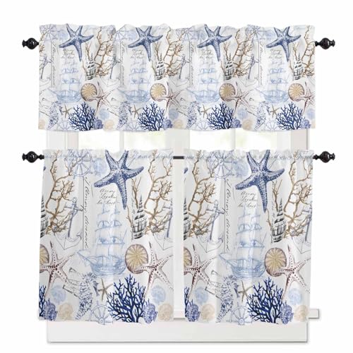 Blue Brown Coastal Kitchen Curtains 36 Inch Length,3 Piece Rod Pocket Small Half Tiers and Valance Set,Summer Beach Nautical Coral Starfish Small Large Window Treatment Decor for Bedroom/Bathroom