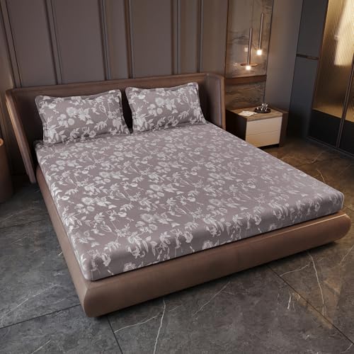 Image of Divine Casa 210 TC Cotton King Size Bedsheet | Soft Breathable Wrinkle Resistant Bed Sheet with 2 Pillow Covers | Pigment Twill Satin Bedding | 275 x 275 cm (Muted Red-Brown, Floral)
