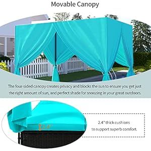 Patio chaise lounge pe rattan outdoor patio wicker sunbed daybed with adjustable seats four sided canopy overhead curtain and blue cushions for backyard garden poolside for 2 6 people  urban country home decor