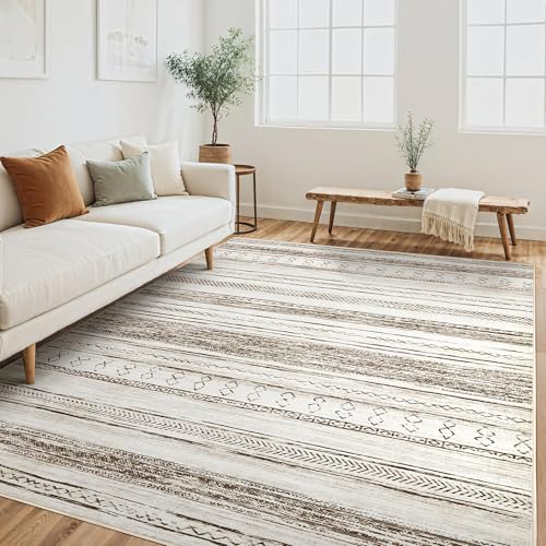 Area Rug Living Room Rugs – 6×9 Washable Large Soft Neutral Boho Moroccan Bohemian Farmhouse Rug Indoor Floor Carpet for Bedroom Under Dining Table Home Office Decor – Cream Brown