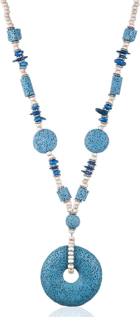 FUSHENGTER Collana Donna Ciondolo Catena Regalo Necklace Collane Donna Gioielli Colorati Collane Statement Pendenti Catene Lunghe Pietra Lavica Azzurro
