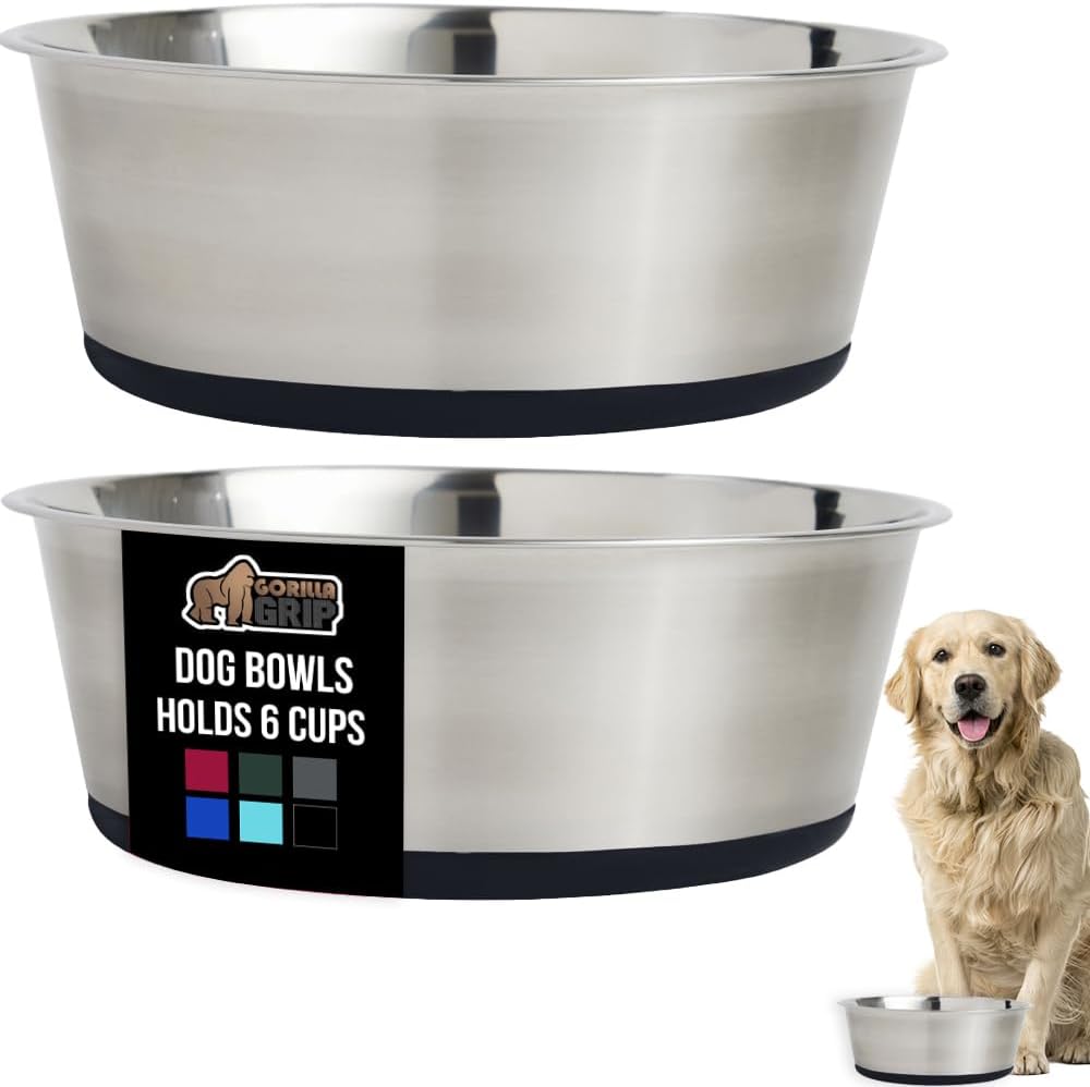 Gorilla Grip Set of 2 Heavy Duty Metal Dog Bowls, 6 Cups, Dishwasher Safe, Rust Resistant Stainless Steel, Black
