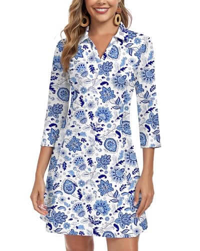 Image of WOWENY 3 /4 Sleeve Dress for Women with Pockets V Neck UPF 50+ Casual Sun Dress Breathable Quick Dry Beach Vacation