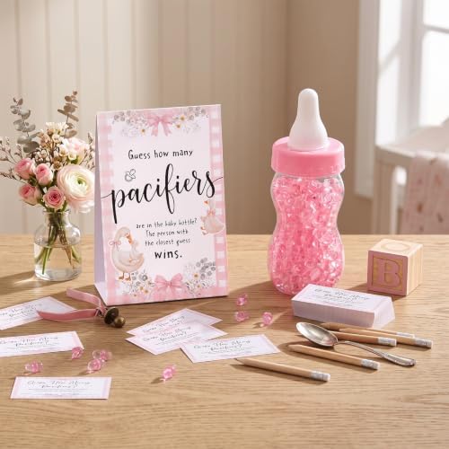 Image of Roowest 512 Pcs Baby Shower Games Guess How Many Pacifiers Sign 100 Small Guessing Games 10 HB Pencils 750ml Milk Bottle 400 Acrylic Pacifiers Decoration for Guest Gender Reveal(Pink,Silly Goose)
