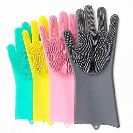 VEENSKI Hand Gloves with Scrubber for kitchen cleaning,Pet Grooming Silicone Hand Gloves for dish washing Bathroom and Car cleaning (Multicolor Color,1 Pair)