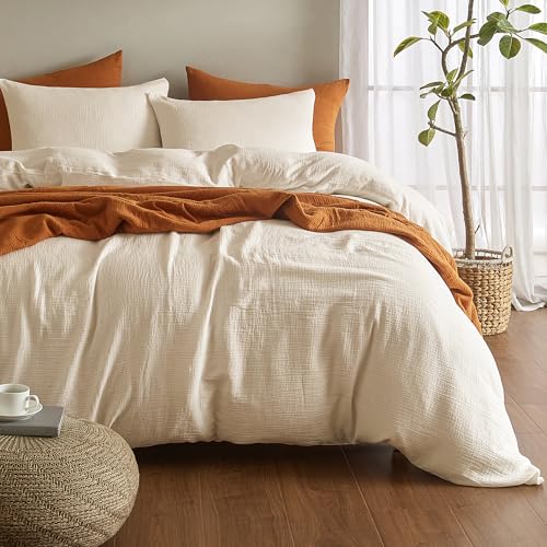 SE SOFTEXLY Muslin Duvet Cover California King Size, 100% Washed Cotton Duvet Cover Set, Ultra Soft Comforter Cover Linen Like, 3 Pieces Gauze Duvet Cover with 2 Pillowcases, 98"x104", Off-White