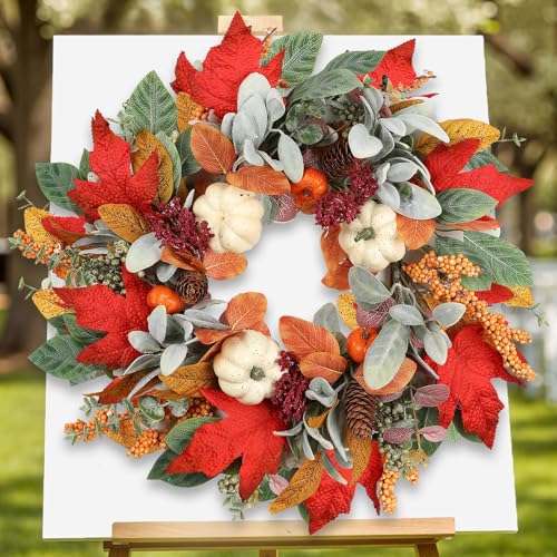 Sariiraw 18 Inch Fall Wreath for Front Door, Autumn Wreath