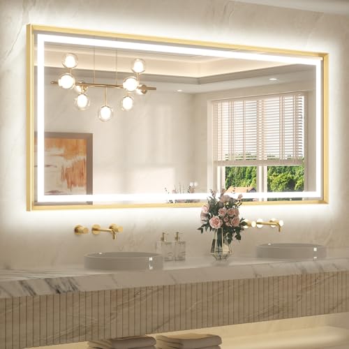 TETOTE 72 x 36 Large Bathroom Mirror Brushed Gold Metal Frame Frontlit & Backlit Vanity Mirror 3 Colors White/Warm/Natural Stepless Dimmable Anti-Fog Bathroom Mirrors for Vanity Wall-Mounted