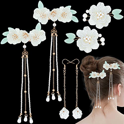 3 Paar Blumen Perlen Haarspangen Ohrringe Quaste Haarnadel Weiß Vintage Blume Entenschnabel Haarspangen Kawaii Kimono Perle Floral Braut Hochzeit Haarschmuck für Frauen Cover