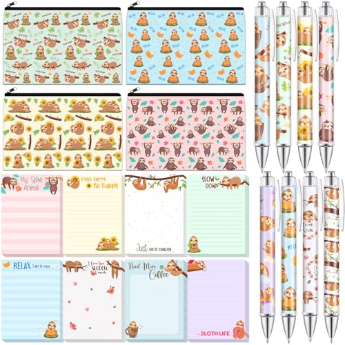 Eaasty 20 Pieces Sloth Gift Set Cute Sticky Notes with Pens, Pencil Bags Makeup Bags, 3 x 4 Inch Animal Notepads, Funny 1.0 mm Ballpoint Pens, Office Pink Bow Party Supplies for Women