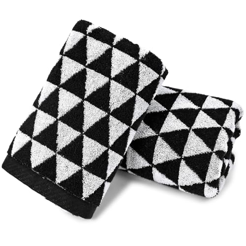 Black Hand Towels for Bathroom & Kitchen (Geometric Triangle), 2 Pack Cotton Quick Dry Towels for Hand Face Hair 13x29 Inches, Modern & Farmhouse