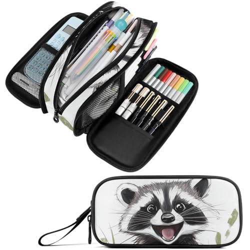 Image of Fustylead Happy Cute Raccoon Pencil Pen Case with 3 Compartments, Lightweight & Spacious Stationery Bag Cosmetics Bag
