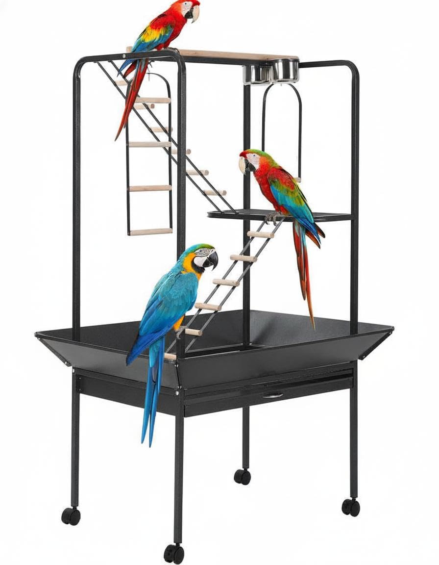 Garvee 64'' H Inch Birdcage Stand Play Center with Perches and Ladders, Indoor Outdoor Playground for Birds, Bird Playstand w/Rotated Ring Removable Tray, Lockable Caster, for Macaw and Parakeet, 64'' H