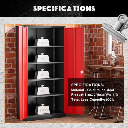 Image of Greenvelly Metal Storage Cabinet with Doors and Adjustable Shelves,72 inch Black Red Locking Steel Garage Cabinet with Lock, Metal Tool Cabinets for Garage,Home Office,School