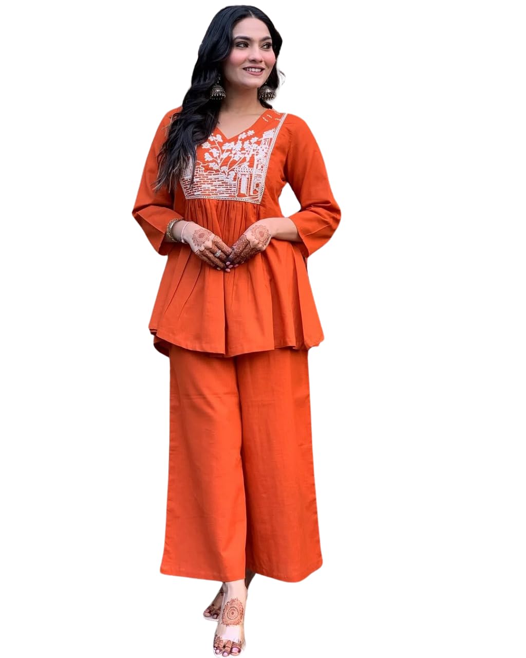 Women's Cotton Embroidered Flared Kurta With Pant Set-image-24