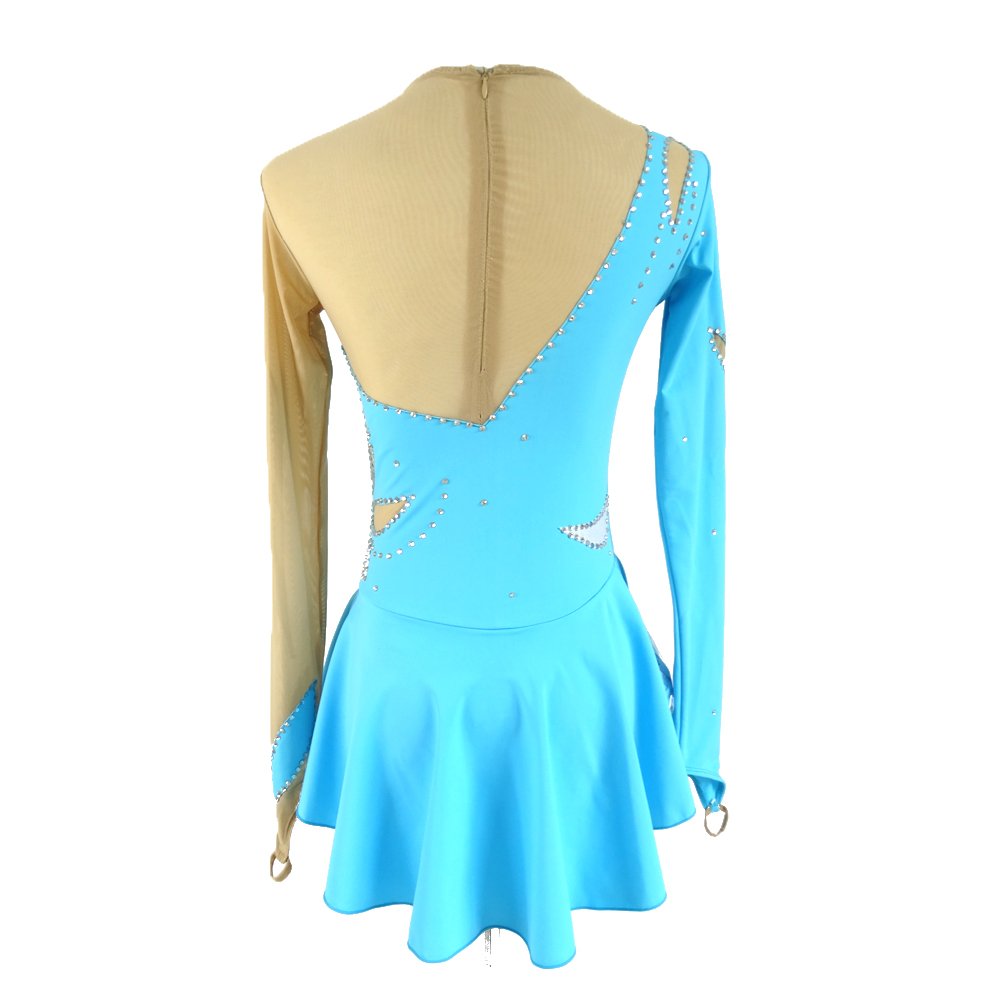 Blue Figure Ice Skating Dress Long Sleeves Roller Skating Dress Petal Deco