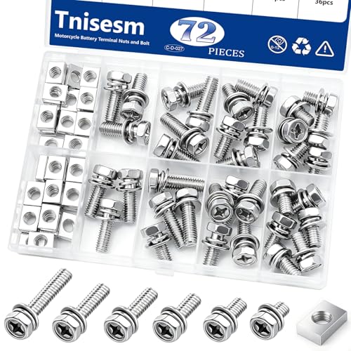 Tnisesm 72PCS Battery Terminal Motorcycle Bolts and Nuts Kit M6x10/12/16/18/20mm 304 Stainless Steel Battery Bolt with Square Nut for ATV Bike Motorcycle Scooter