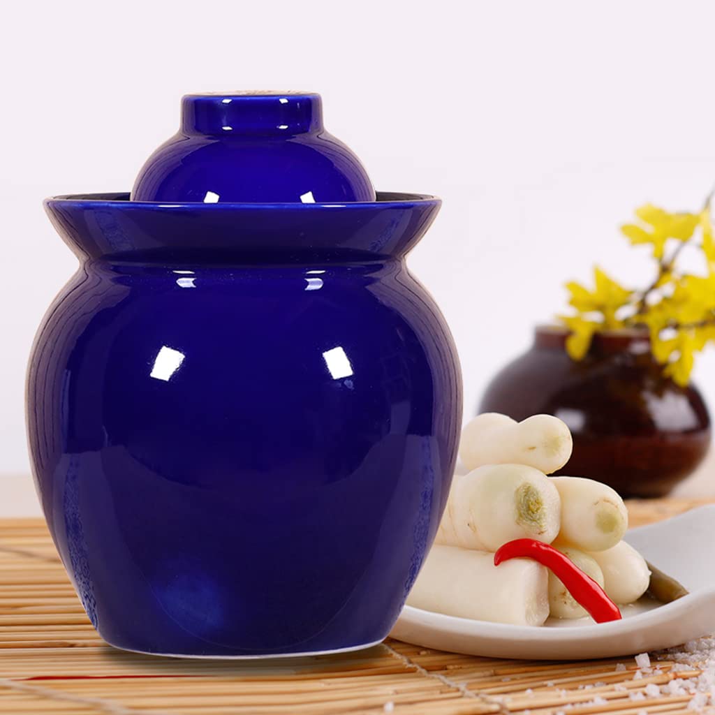 Duży ceramiczny słoik na ogórki z pokrywką, tradycyjny chiński zestaw do fermentacji z pokrywką z uszczelką wodną, ​​słoik do fermentacji do kimchi (niebieski, 3,5 kg)(Blue,1.5KG)