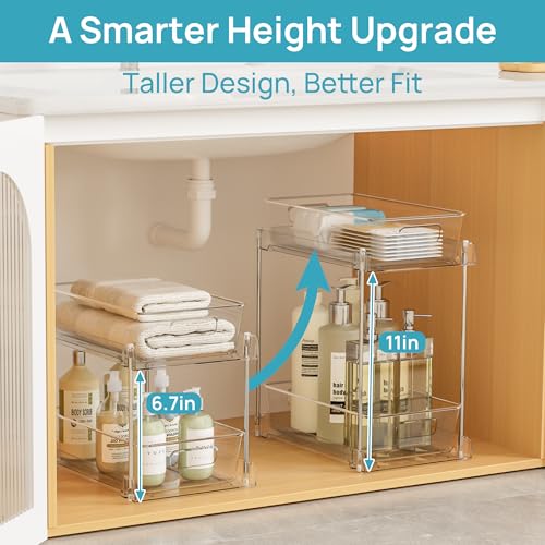 Image of Vtopmart 2 Pack Higher Bathroom Organizer, 2 Tier White Under Sink Organizers Vanity Countertop Storage Container,Cabinet Drawers Bins, Pull-Out Organization with Track for Pantry, Kitchen