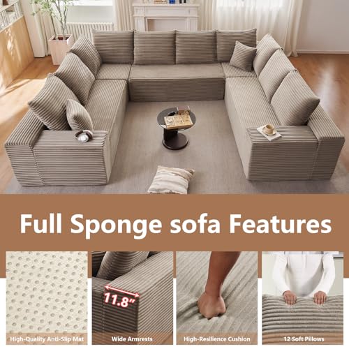 Image of Oversized Modular Sectional Sofa Couch, Large 8 Seater Corner Sofa Modern U Shaped Sectional Couch Cloud Couches for Living Room, Office, Spacious Space, Corduroy, No Assembly Required, Camel