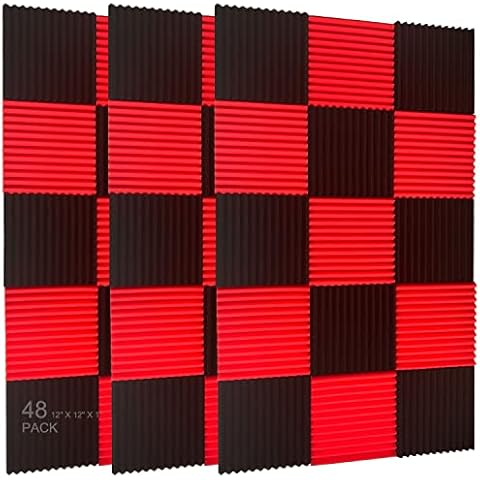 48 Pack Black red 1" x 12" x 12" Acoustic Wedge Studio Foam Sound Absorption Wall Panels Cover