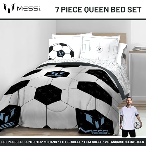 Image of Jay Franco Kids Comforter Set Includes Sheets and Pillow Cover - Soft and Cozy Bed Set for Stylish Room Decor, White - Messi, 7 Piece Queen