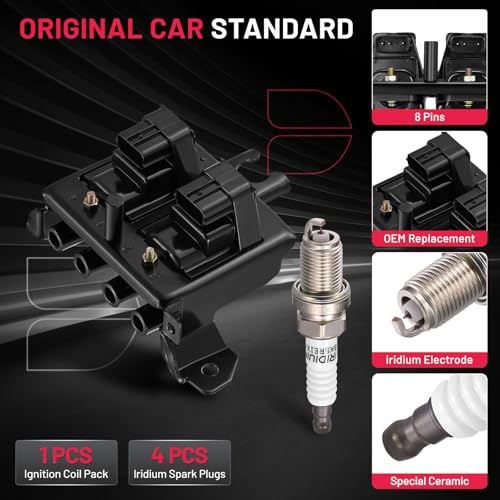 Image of BDFHYK 1 Ignition Coil Pack UF343 and 4 Iridium Spark Plug 2647 Compatible with Mazda Miata 1999-2000 1.8L L4 Mazda Oem Coil Pack Coil for BP4W1810X BP4W1810XA BP4W1810XB BP4W1810XB9U